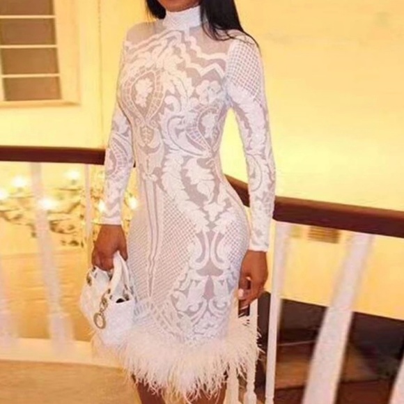 Hot Miami Styles Dresses & Skirts - White Elegant Sequins Feather dress